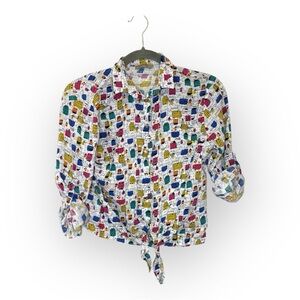 Vintage Orfeonegro Colorful Building Print Tie-Front Shirt Sz L (Fits S/M)